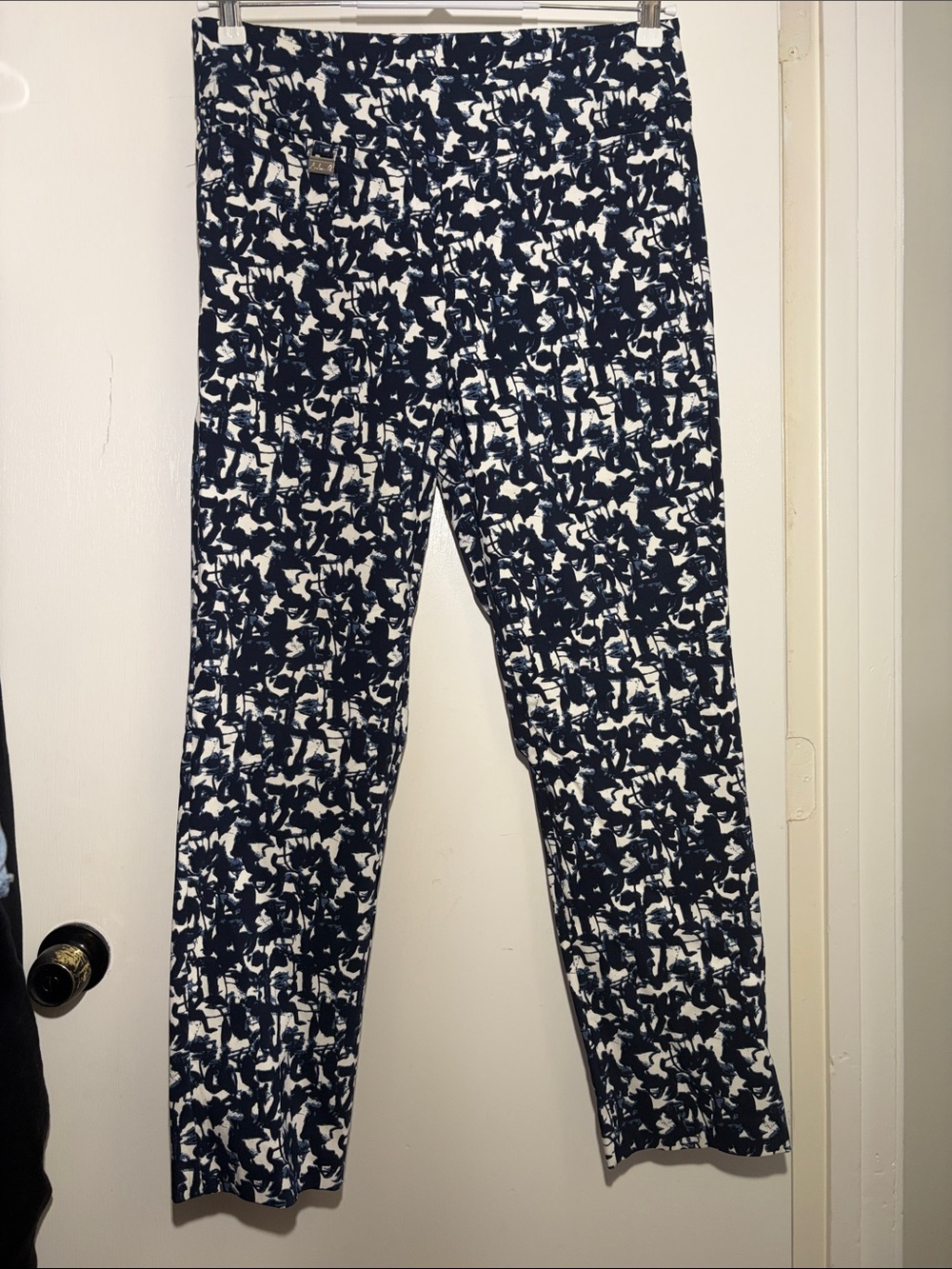 Lulu-B Navy and White Abstract Print Stretch Chinos with front pockets